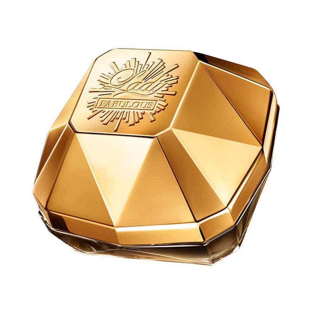 Flacone di profumo dorato con design sfaccettato. La parte superiore indica Lady Million.