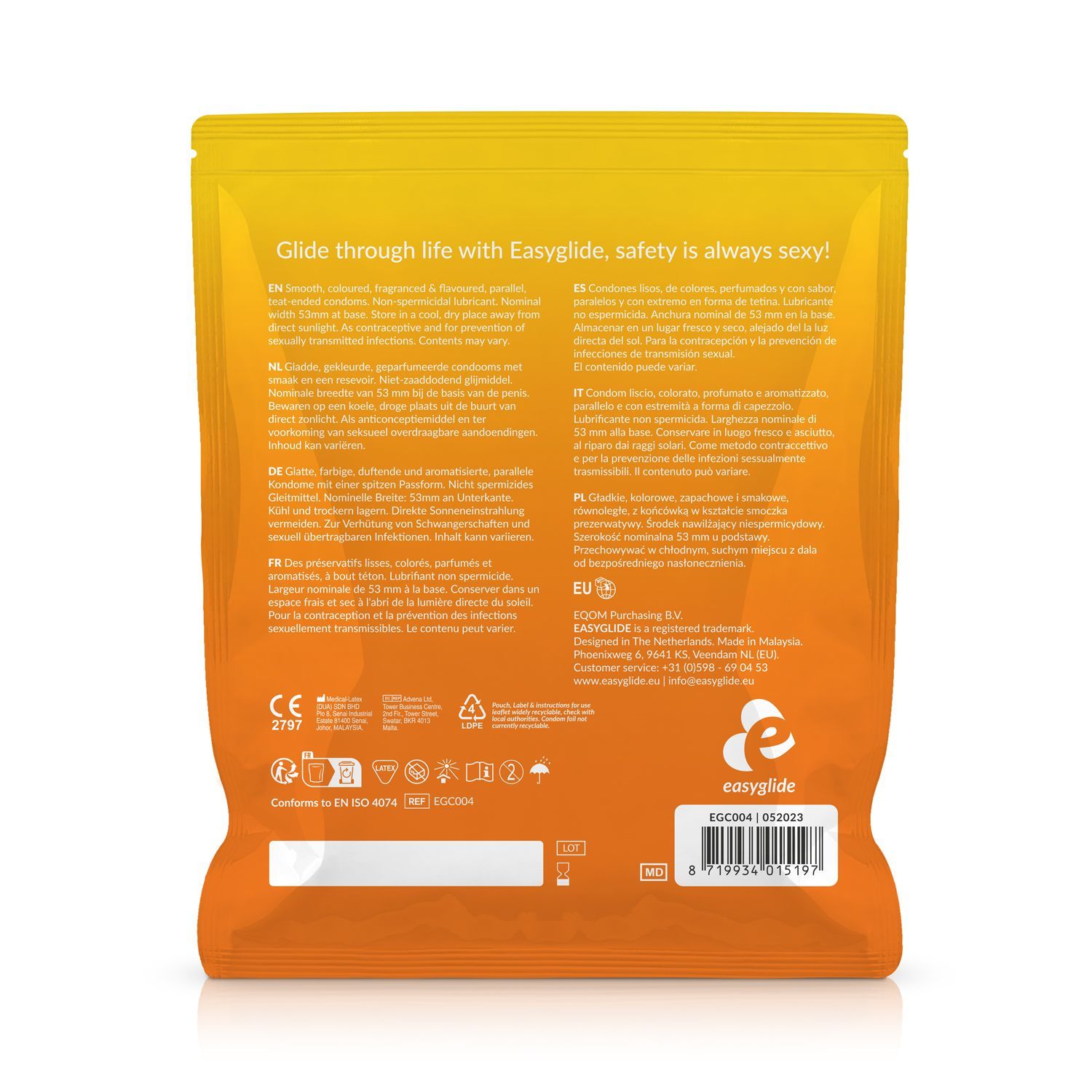 Confezione con testo. Logo EasyGlide e marchio CE. Contiene 40 preservativi. Testo in tedesco, inglese, francese, italiano e olandese.