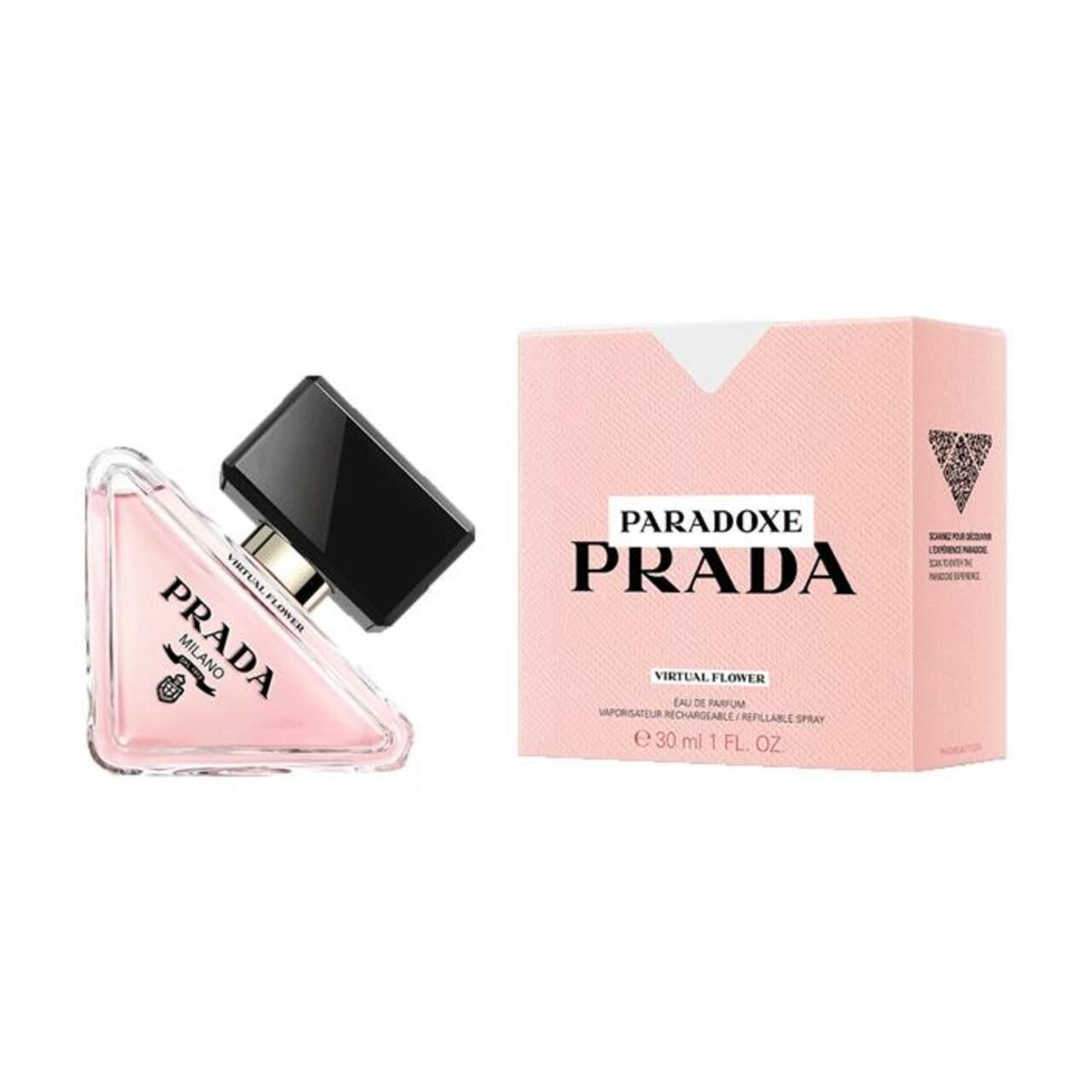 Flacone di profumo rosa e confezione. Tappo nero. Logo Prada. "PARADOXE" e "VIRTUAL FLOWER" sulla confezione.