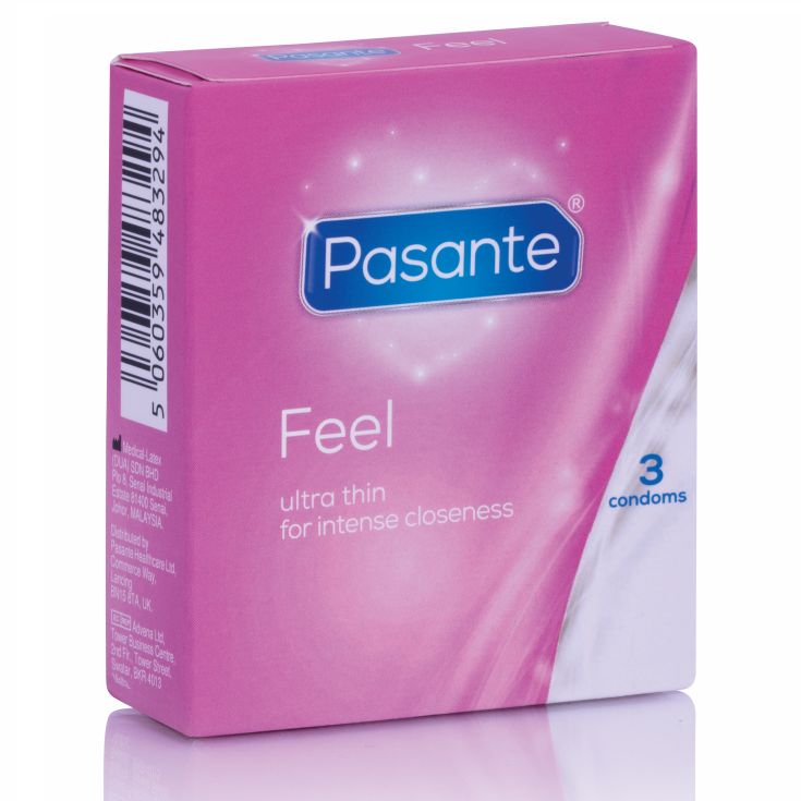 Confezione Pasante Feel da 3 preservativi ultra sottili per un'intimità intensa.