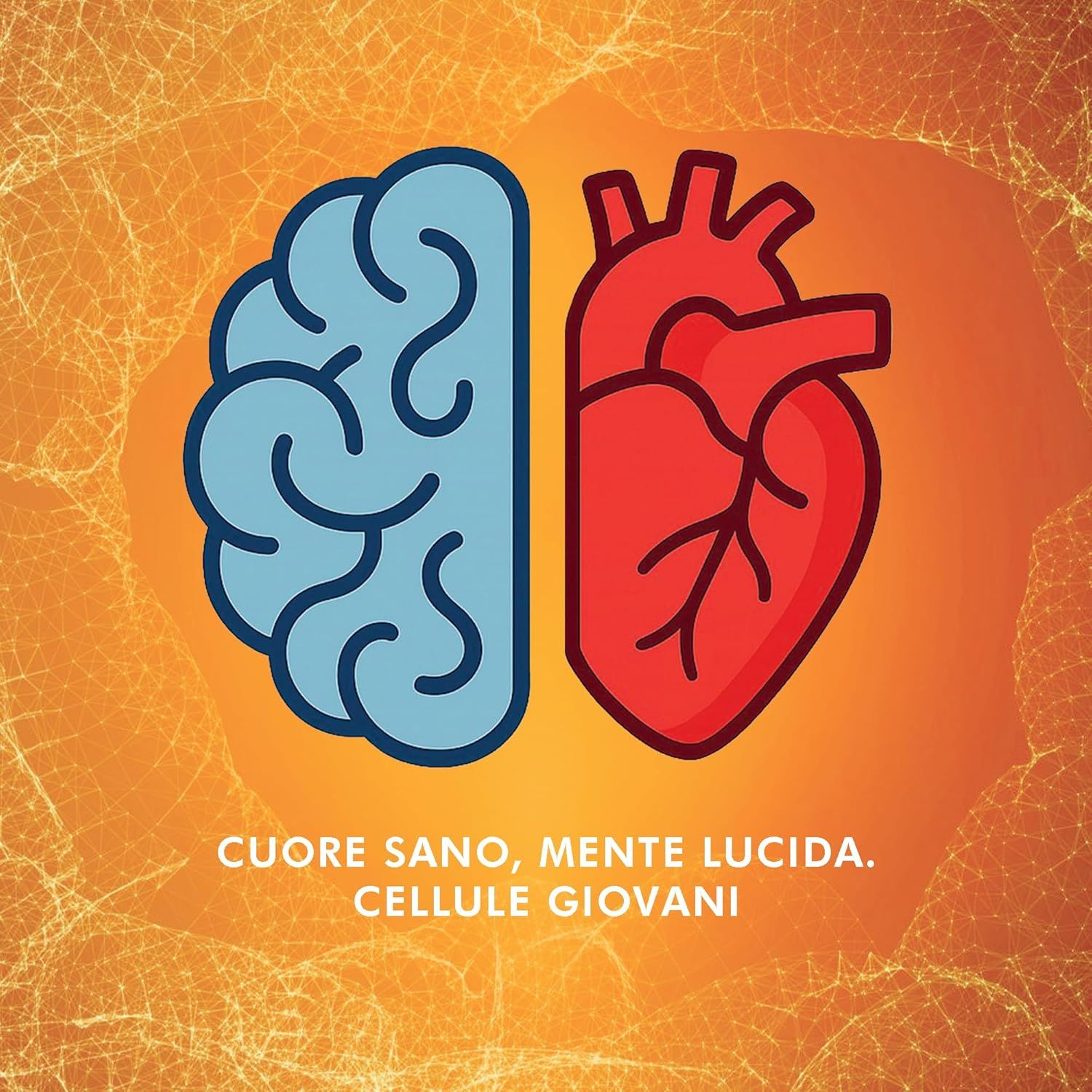 Grafica: cervello blu e cuore rosso. Testo: Cuore sano, mente lucida, cellule giovani.