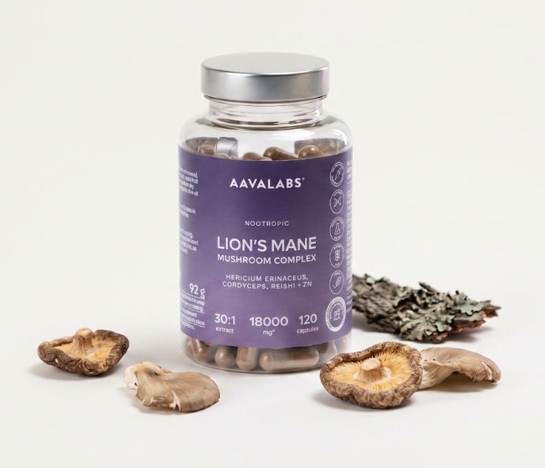 Capsule Aavalabs Lion's Mane con funghi e corteccia.