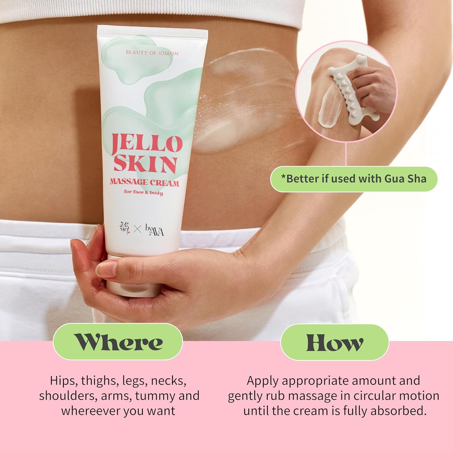 Tubo bianco "Jello Skin Massage Cream" e strumento Gua Sha. Testo: Dove, Come. Applicazione con movimenti circolari.