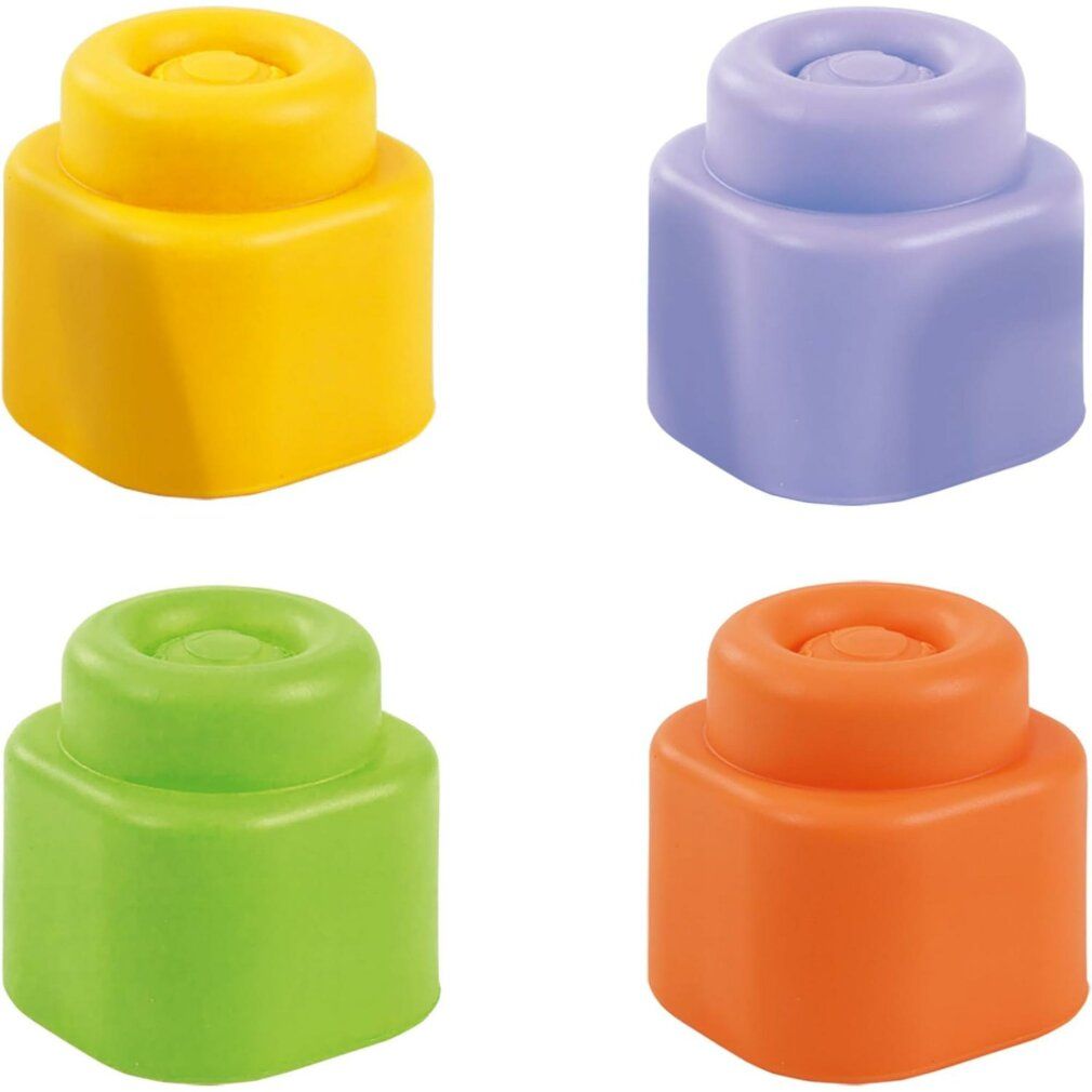 Quattro blocchi colorati: giallo, viola, verde e arancione. Ogni blocco ha una base quadrata e un top cilindrico.