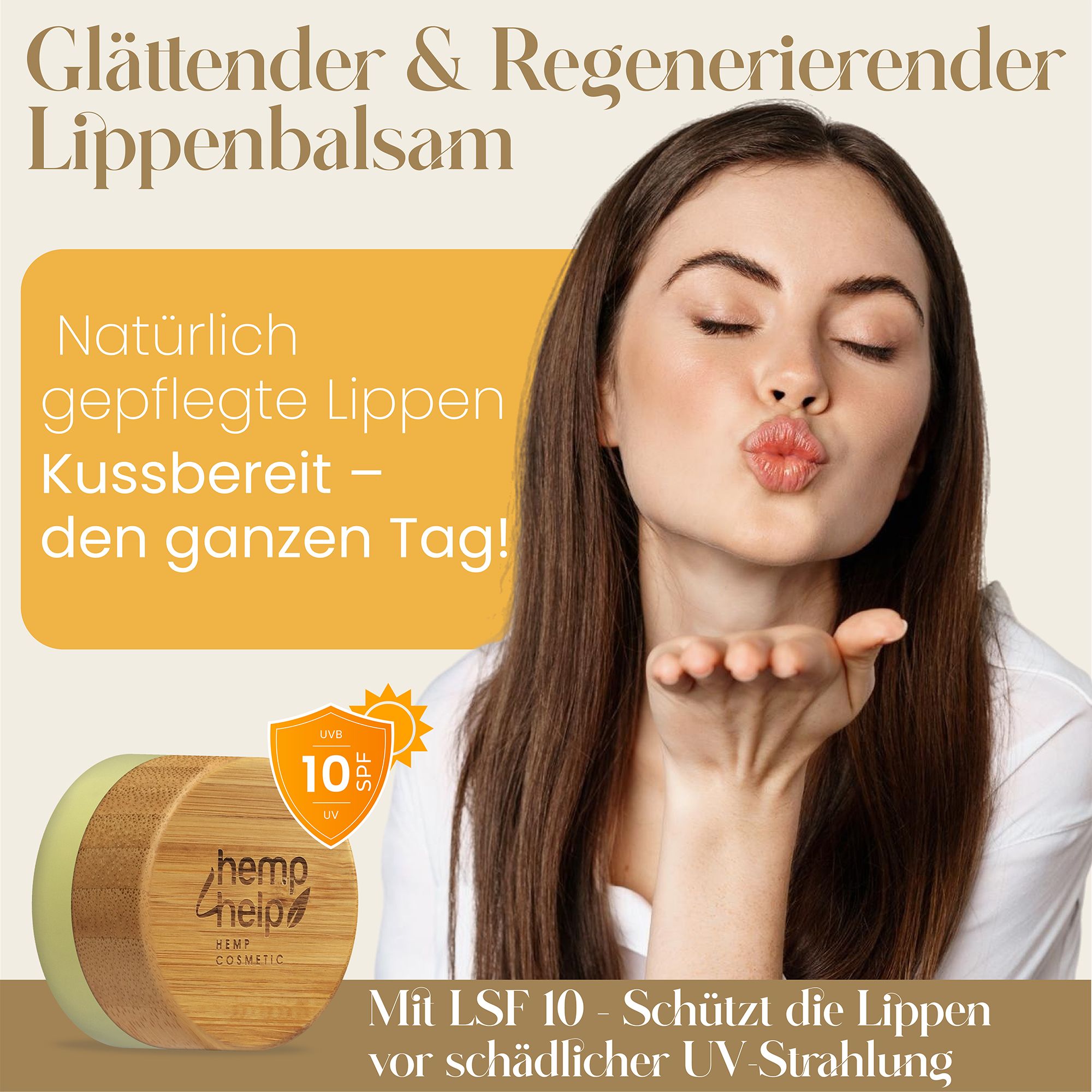 Donna che manda un bacio. Vasetto di balsamo per labbra con coperchio in legno. Testo: Con SPF 10, protegge dai raggi UV. Balsamo labbra levigante.
