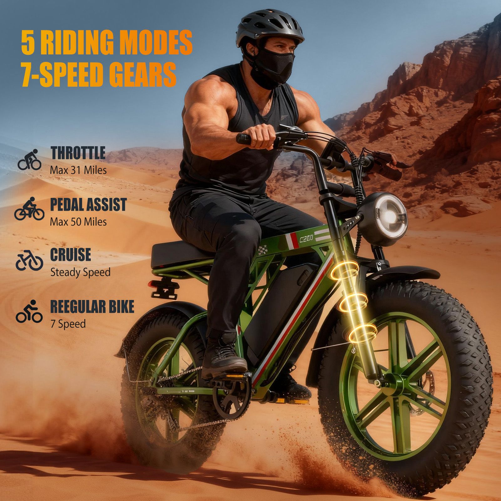 Uomo in e-bike nel deserto. 5 modalità di guida, 7 marce. Display digitale. Maschera nera.