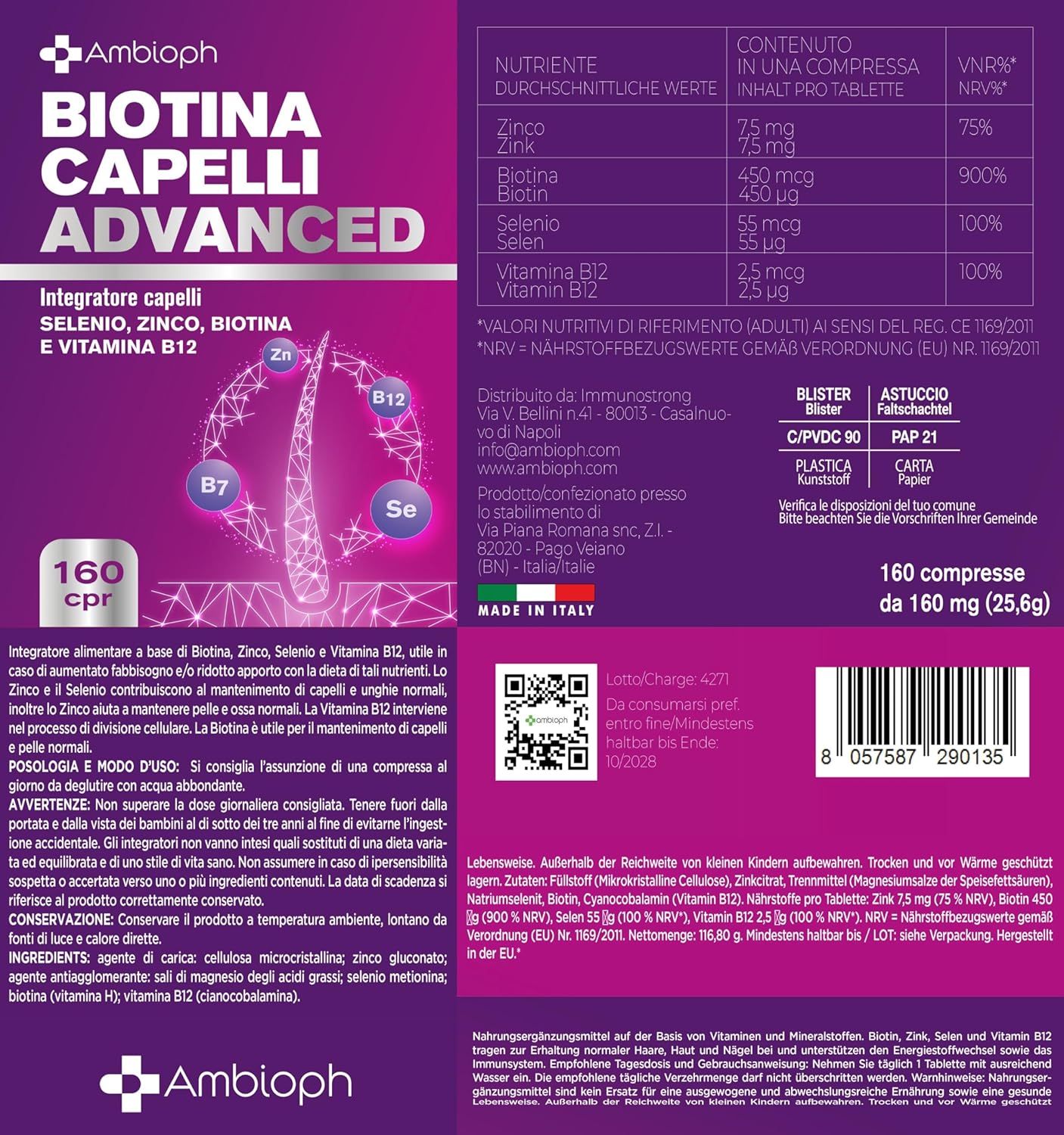 AMBIOPH - Biotina Capelli ADVANCED - Integratori per Capelli con Zinco, Selenio e Vitamina B12