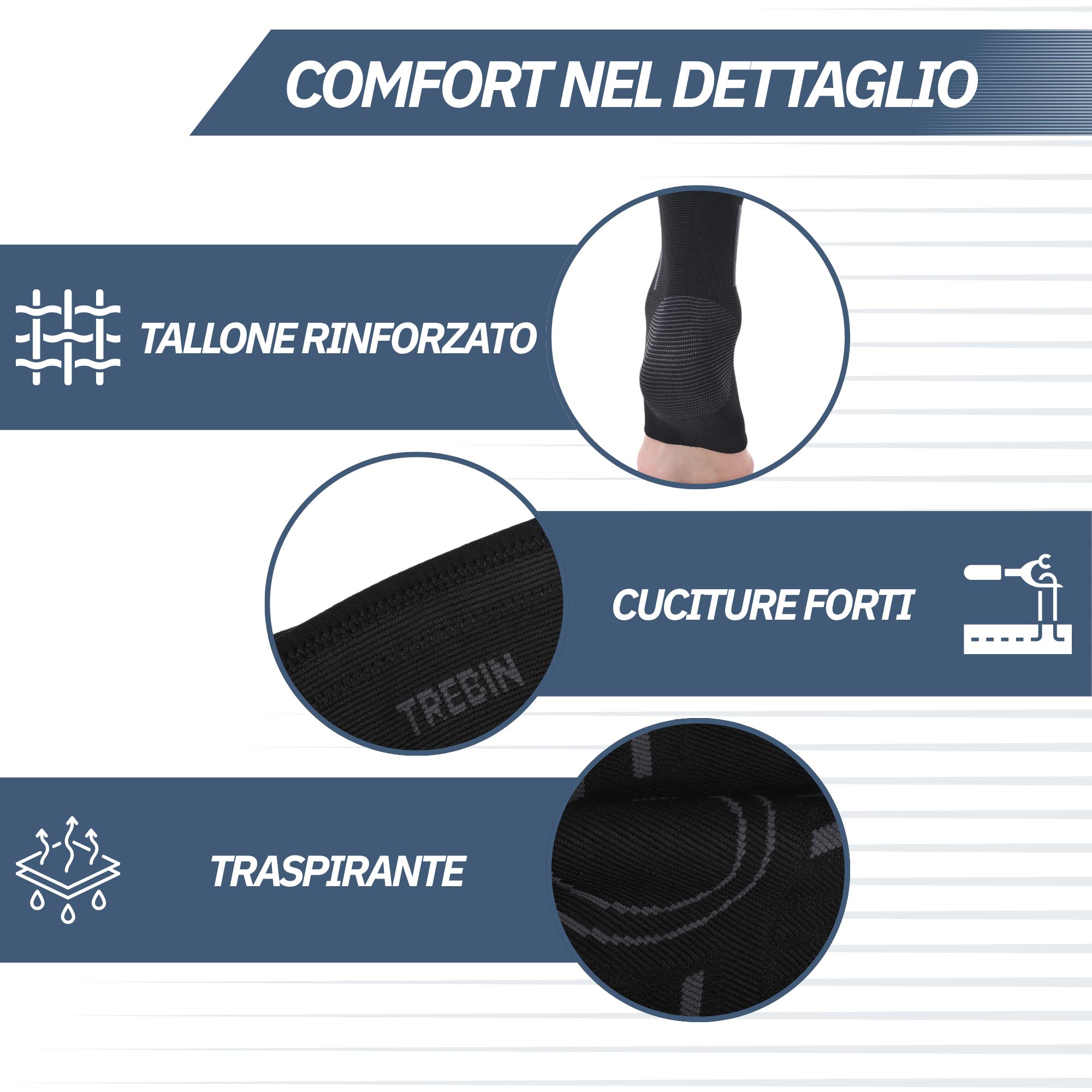 Cavigliera nera con inserti in fibra e materiale traspirante.