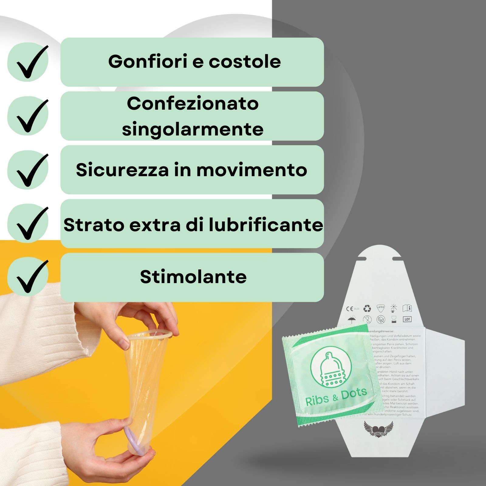 Preservativo confezionato singolarmente. Scritta: Ribs & Dots. Logo: cuore alato. Testo: Con borchie e costole.