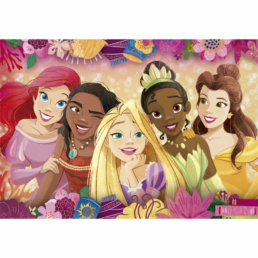 Puzzle con principesse Disney. Cinque principesse su sfondo floreale. Senza confezione.