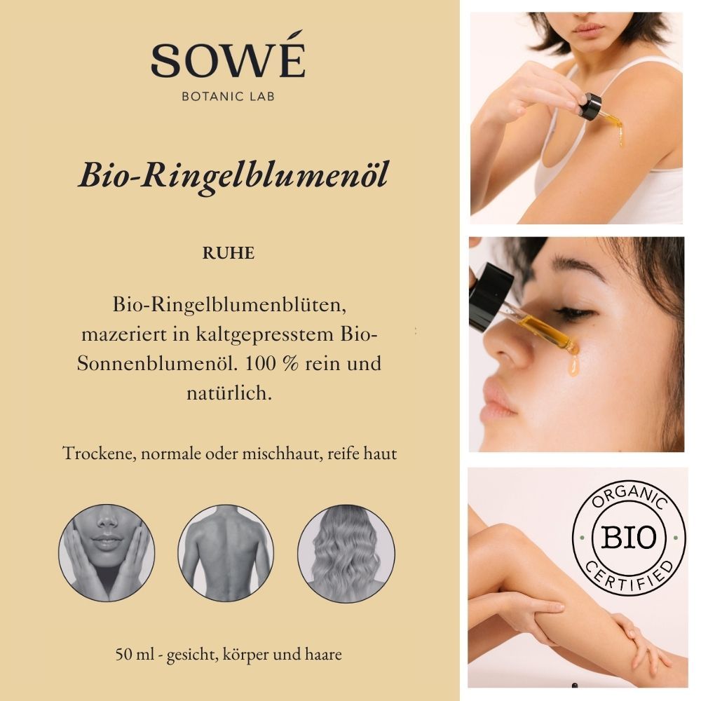 Etichetta del prodotto con testo: SOWÉ, Olio di calendula biologica, 50 ml. Certificazione bio. 3 piccole immagini e 3 immagini applicazione.
