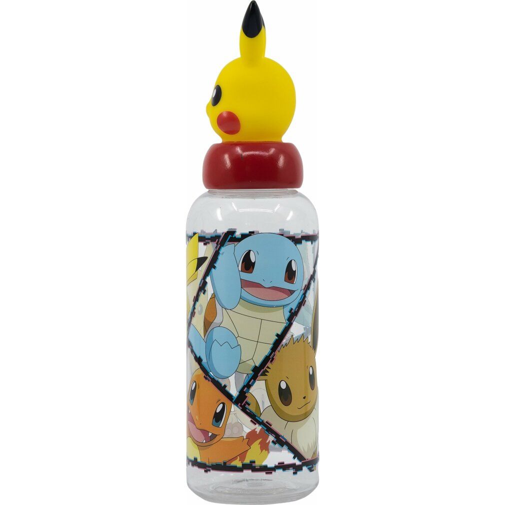 Borraccia trasparente con tappo Pikachu. Squirtle, Charmander e Eevee illustrano la bottiglia. Chiusura rossa.