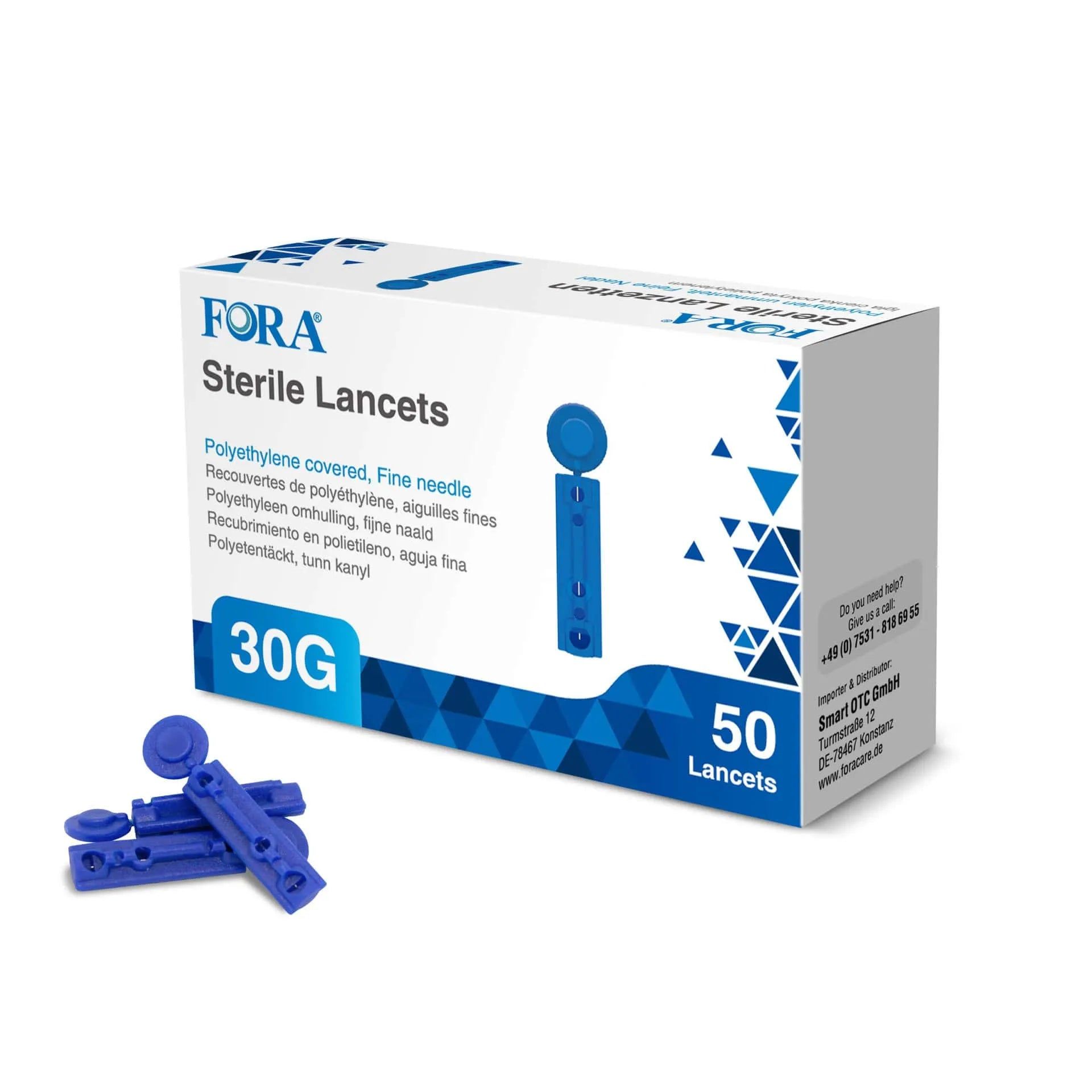 FORA Lancette sterili 30G, 50 pezzi. Blu, confezionate singolarmente.
