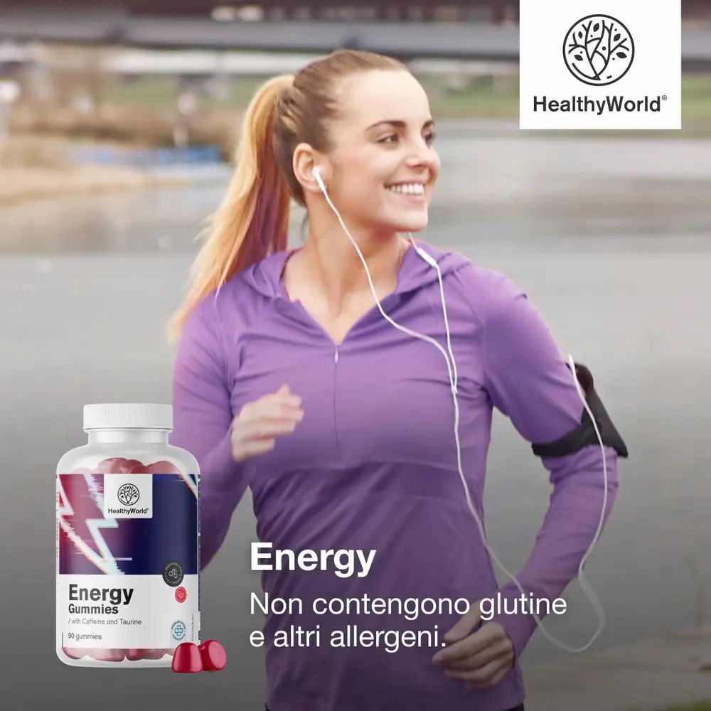 Corridrice con cuffie, flacone di caramelle gommose energetiche accanto. "Senza glutine e altri allergeni".