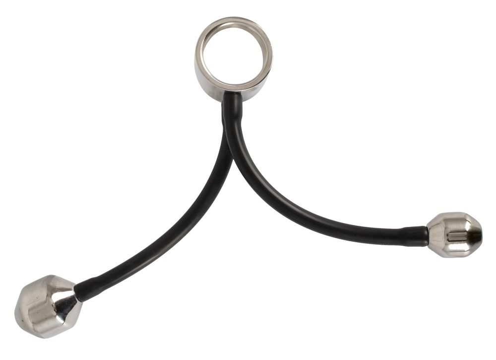 Anello metallico con due collegamenti neri flessibili a due pesi metallici. Vista dall'alto.