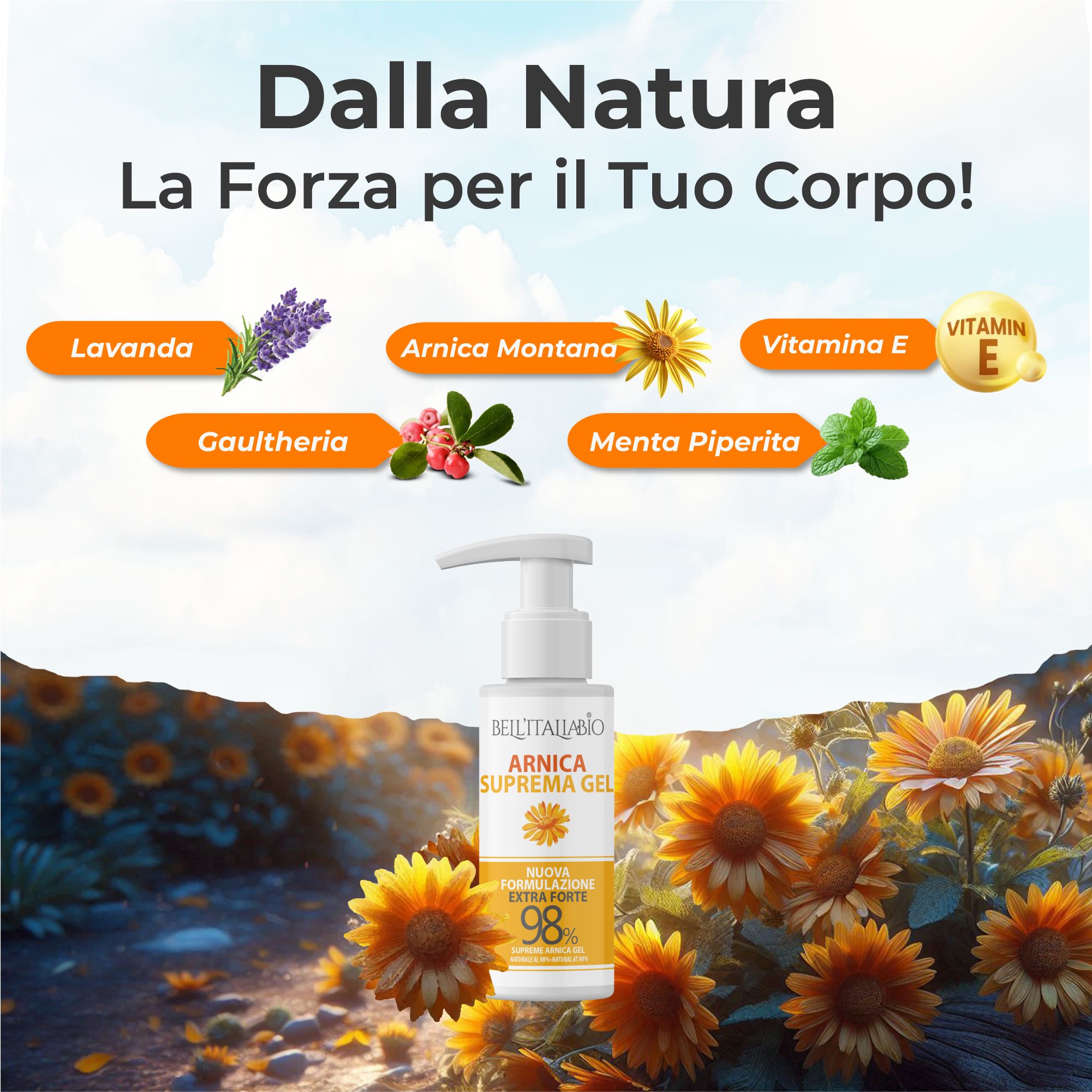 Flacone di gel BellItaliabio Arnika Supreme 98%. Ingredienti: Lavanda, Arnica, Vitamina E, Gaultheria, Menta piperita.