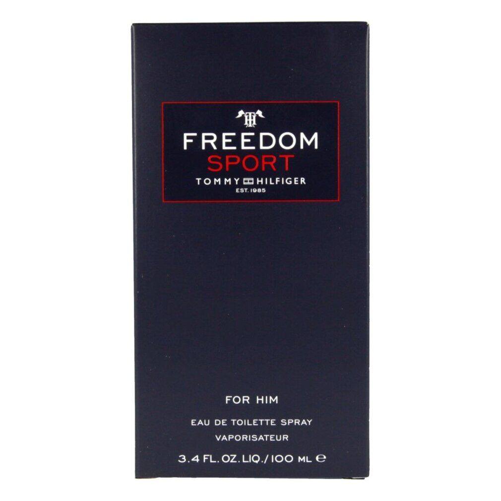 Scatola nera con scritta FREEDOM SPORT, TOMMY HILFIGER. Per lui. Eau de Toilette Spray. 3.4 FL. OZ. LIQ./100 ml e.
