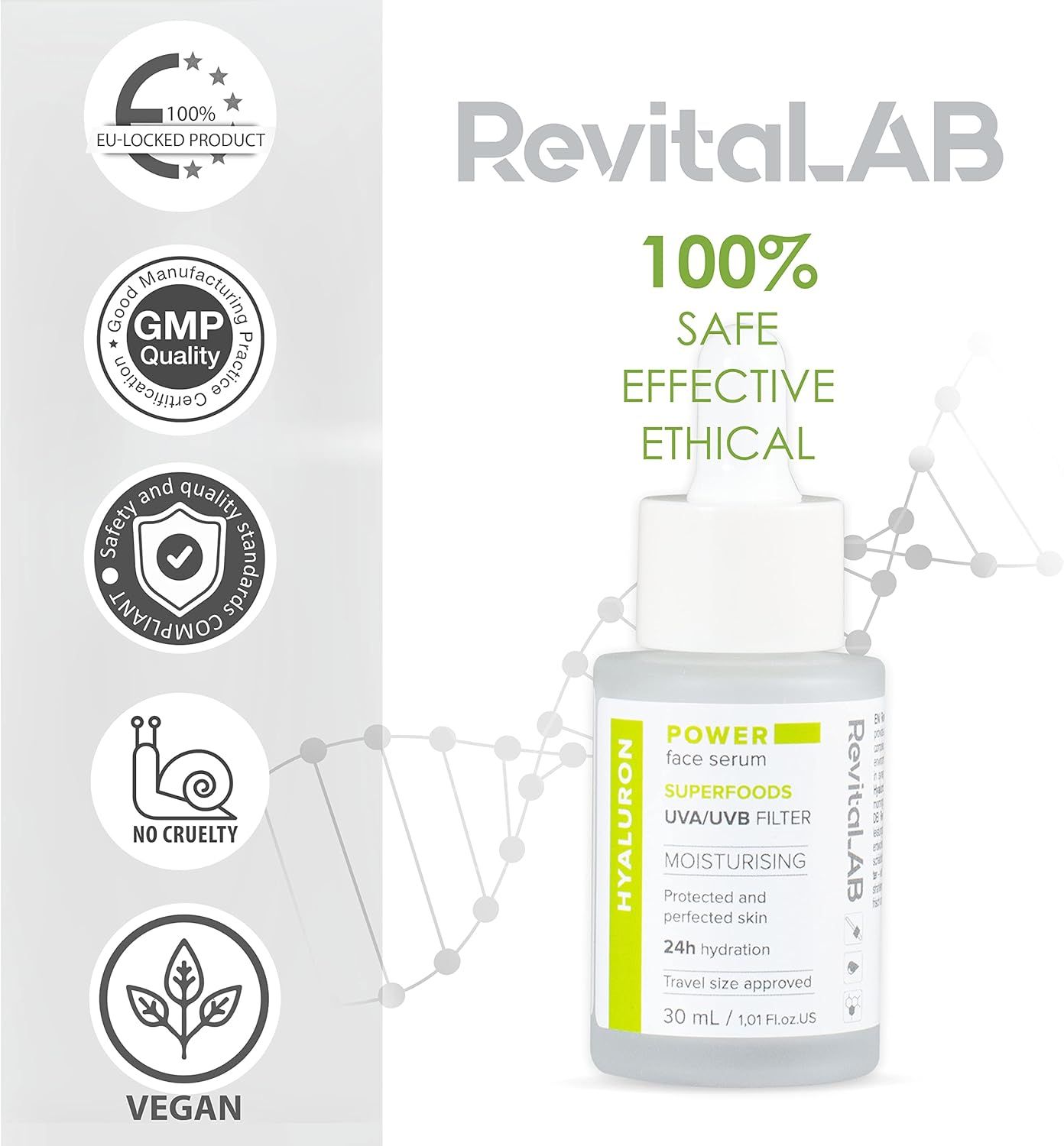 Flacone di siero con pipetta. Informazioni: Ialuronico, Superfood, filtro UVA/UVB. Certificazioni: GMP, Vegan, prodotto UE.