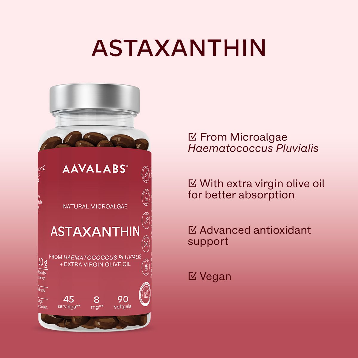 Flacone Aavalabs Astaxantina con vantaggi come vegan e da microalghe.