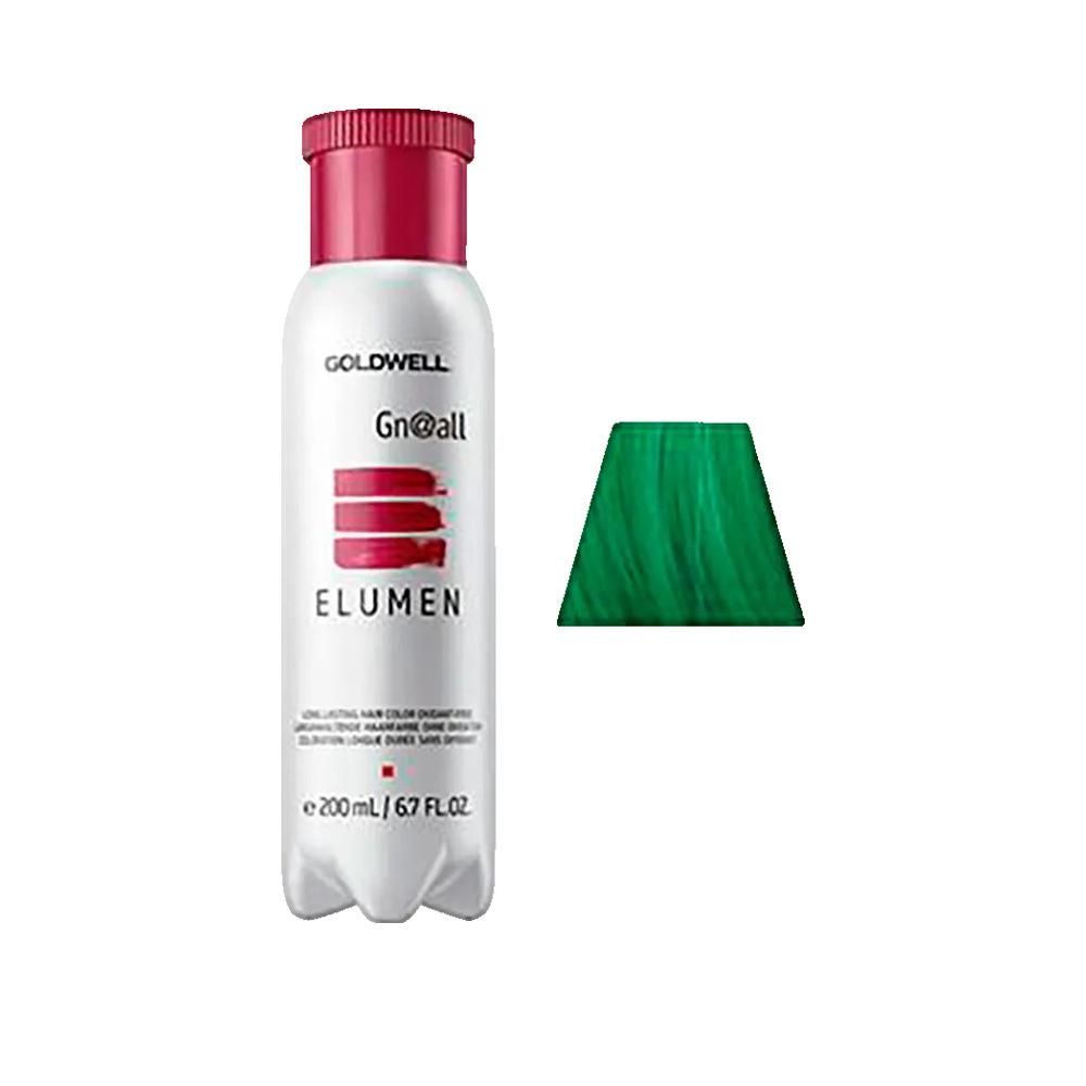 Goldwell Elumen, colore per capelli verde. Bottiglia bianca e rossa, campione di capelli verdi. Testo: Gn@all, ELUMEN, 200 ml.