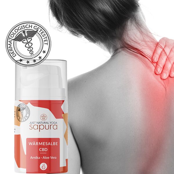 Persona con dolore al collo. Accanto, dispenser di crema con etichetta rossa. Scritta: Wärmesalbe CBD, Arnika, Aloe Vera. Logo: Sapura.