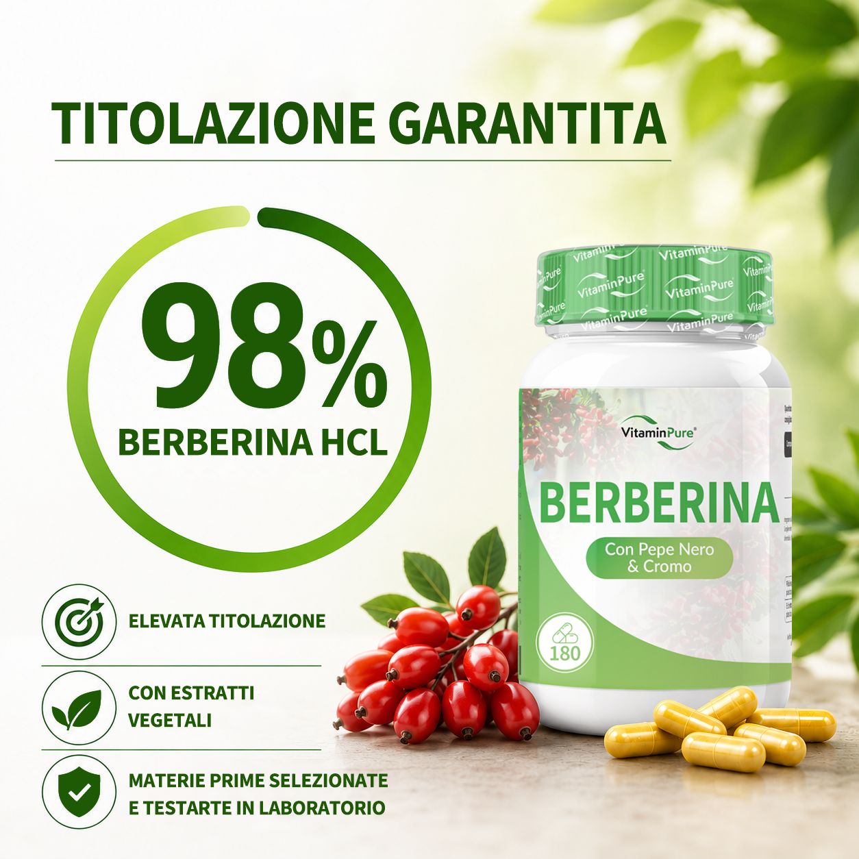 Flacone VitaminPure® Berberina HCL, 98% Berberina HCL, estratti vegetali, materie prime testate.
