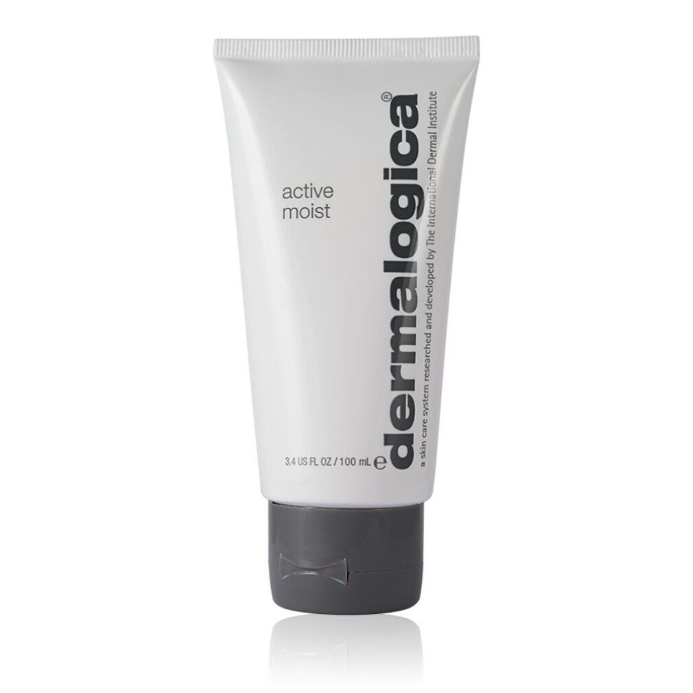 Tubo bianco con tappo grigio. Scritta "active moist" e "Dermalogica". Testo e logo sul tubo.