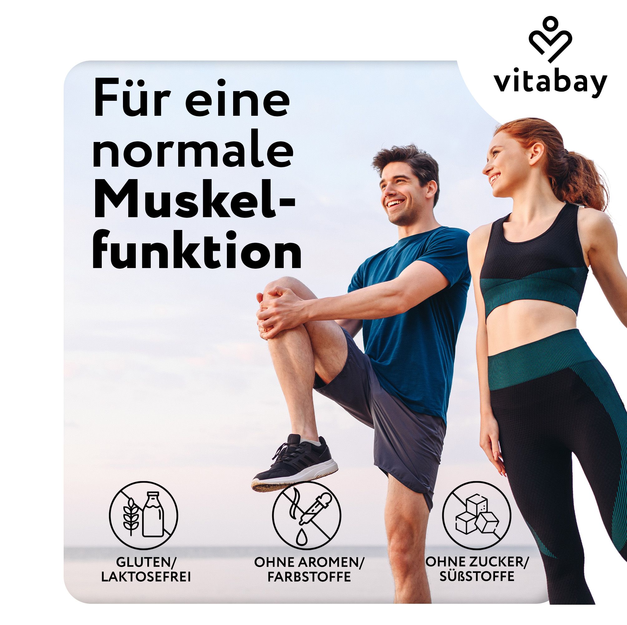 Due persone in abbigliamento sportivo. Testo: Per una normale funzione muscolare. Loghi: Senza glutine/lattosio, senza aromi/coloranti, senza zucchero/dolcificanti.