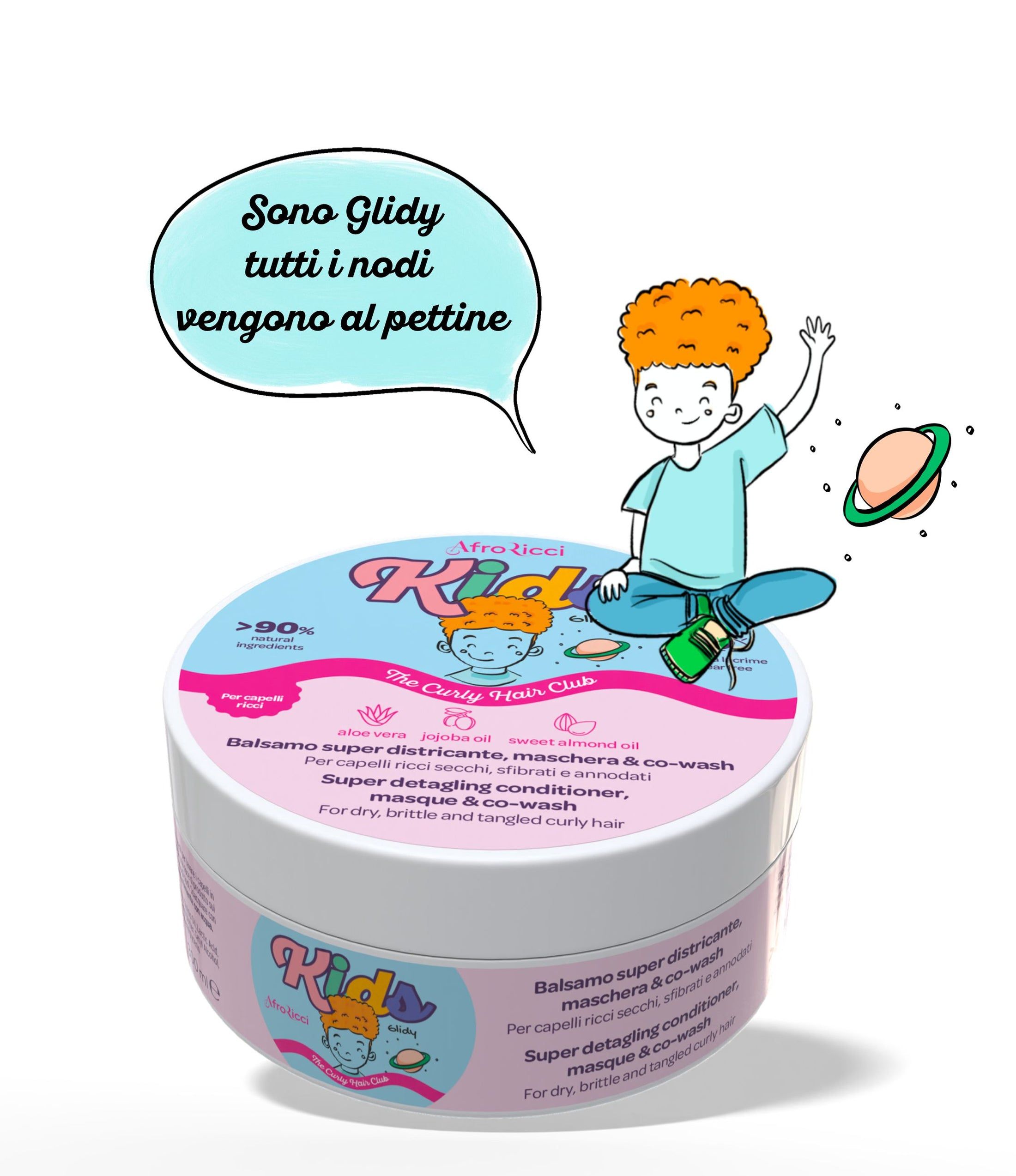 Barattolo rotondo con etichetta rosa. Testo: AfroRicci Kids, Balsamo super districante, maschera & co-wash. Illustrazione bambino.