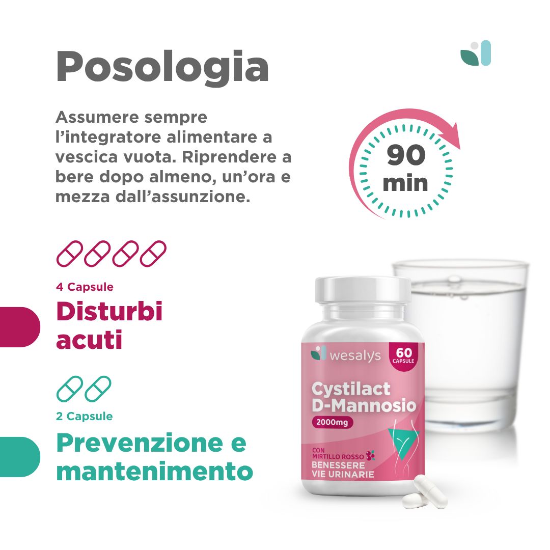 Flacone di Cystilact D-Mannosio, accanto bicchiere d'acqua e capsule. Testo su dosaggio e utilizzo.