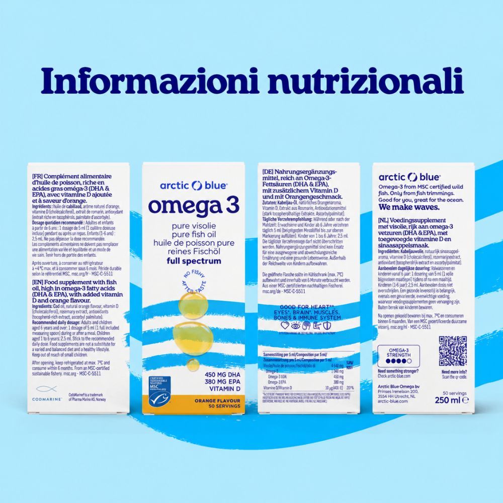 Confezione di olio di pesce Arctic Blue Omega 3 con informazioni nutrizionali multilingue.