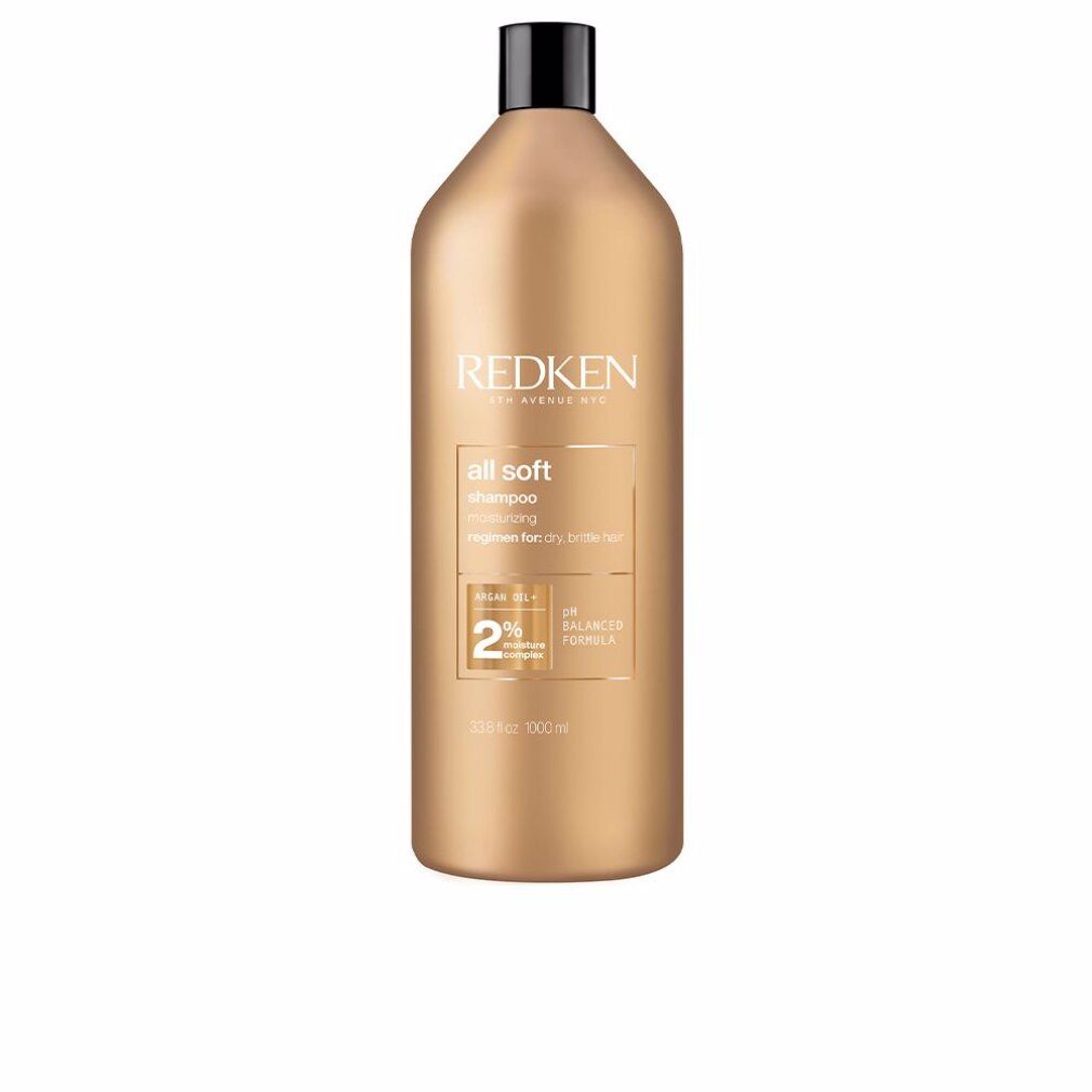 Flacone di shampoo beige con tappo nero. Scritta: Redken, all soft shampoo. 2% Moisture Complex.