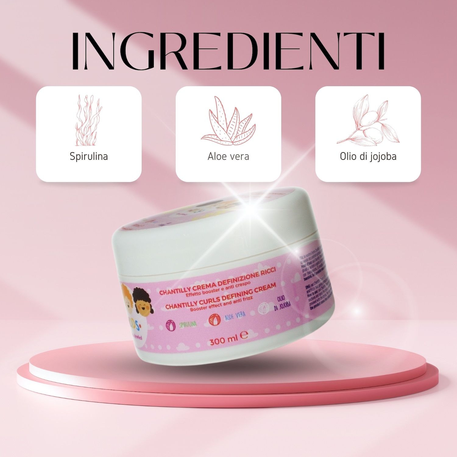 Contenitore di crema con etichetta rosa. Disegni di bambini e testo sull'etichetta. 300 ml.