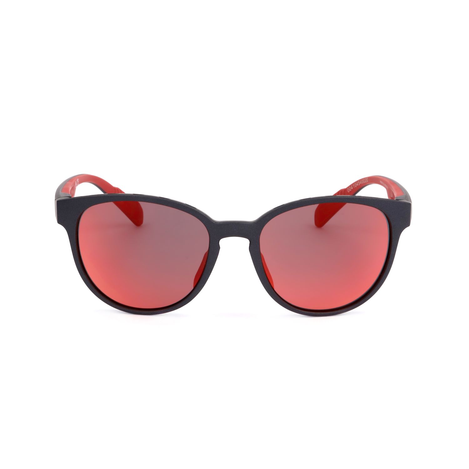 Occhiali da sole neri con aste rosse e lenti a specchio rosse.