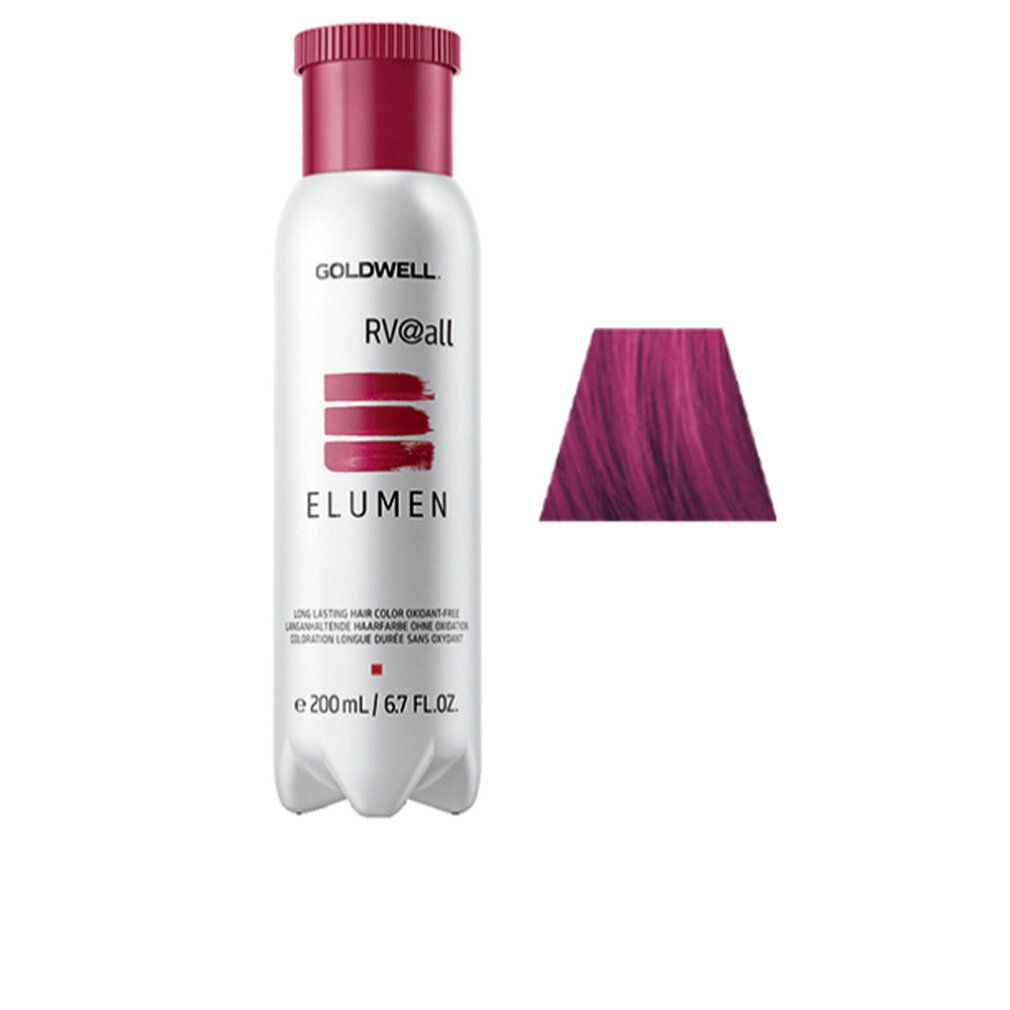 Flacone Goldwell Elumen RV@all e campione colore. Flacone con tappo rosso, etichetta bianca e informazioni. Campione rosa.