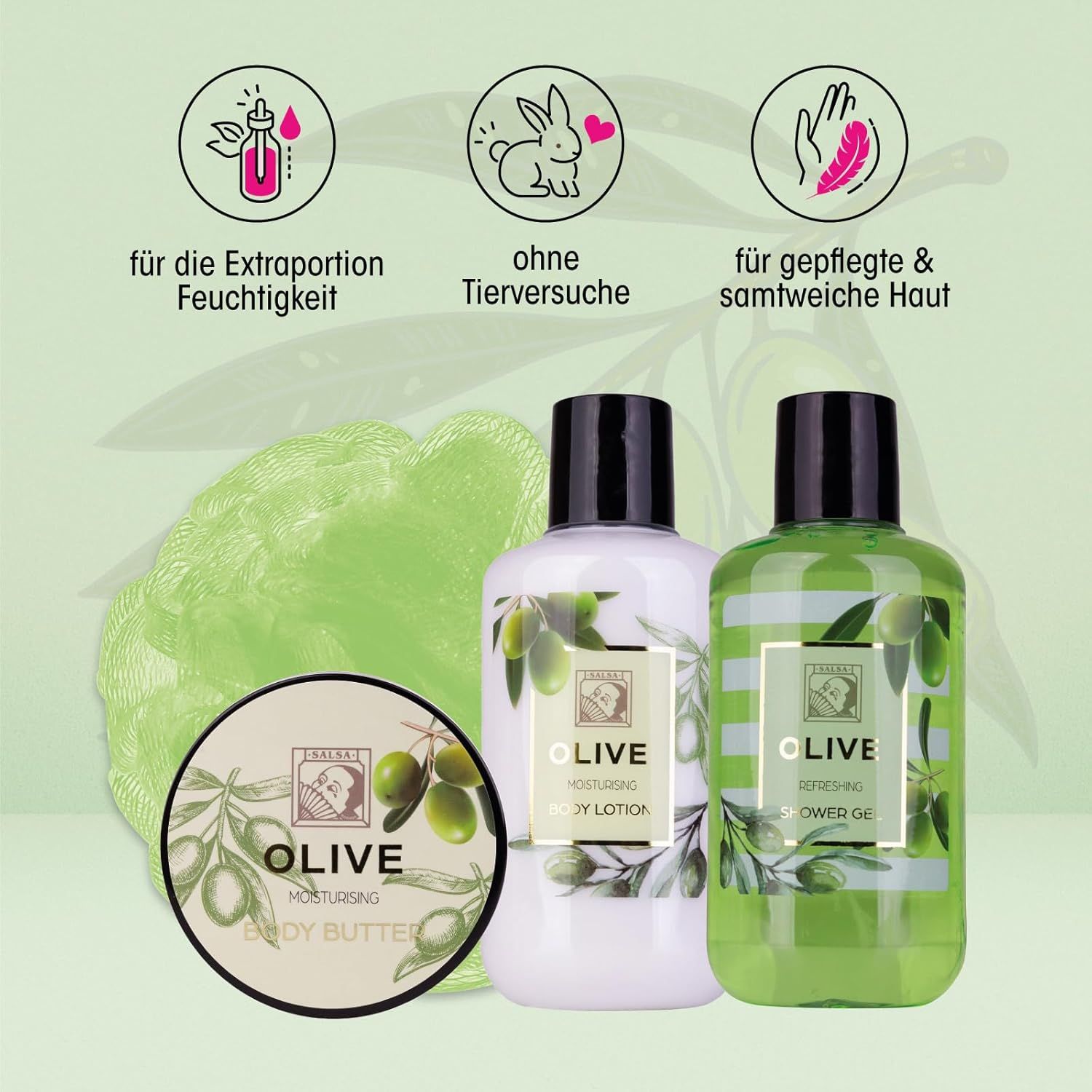 Prodotti Olive: lozione corpo, gel doccia, burro corpo. Simboli: idratazione, cruelty-free, pelle morbida.