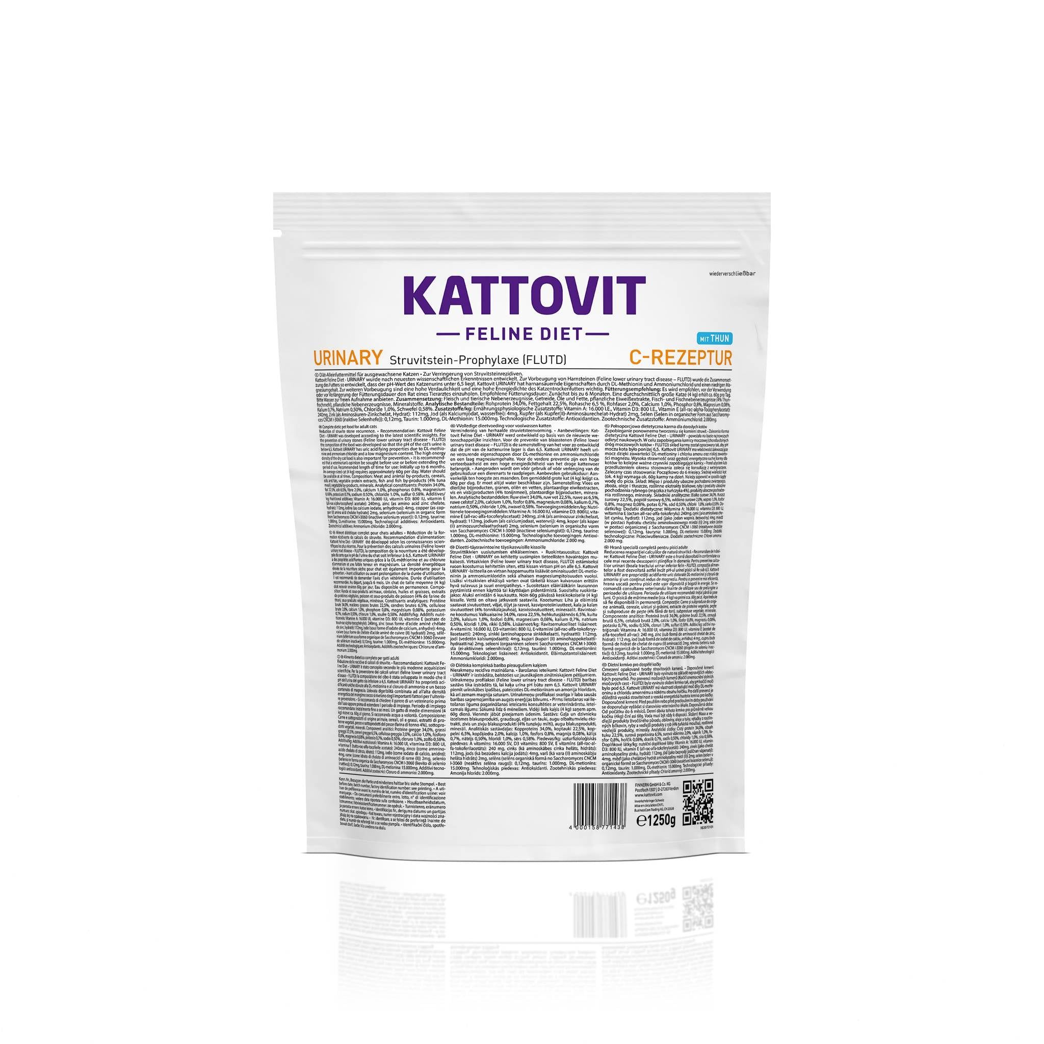 Confezione di KATTOVIT Urinary Trockenfutter. Vista frontale. Testo: KATTOVIT, Urinary, C-Rezeptur. Sfondo bianco.