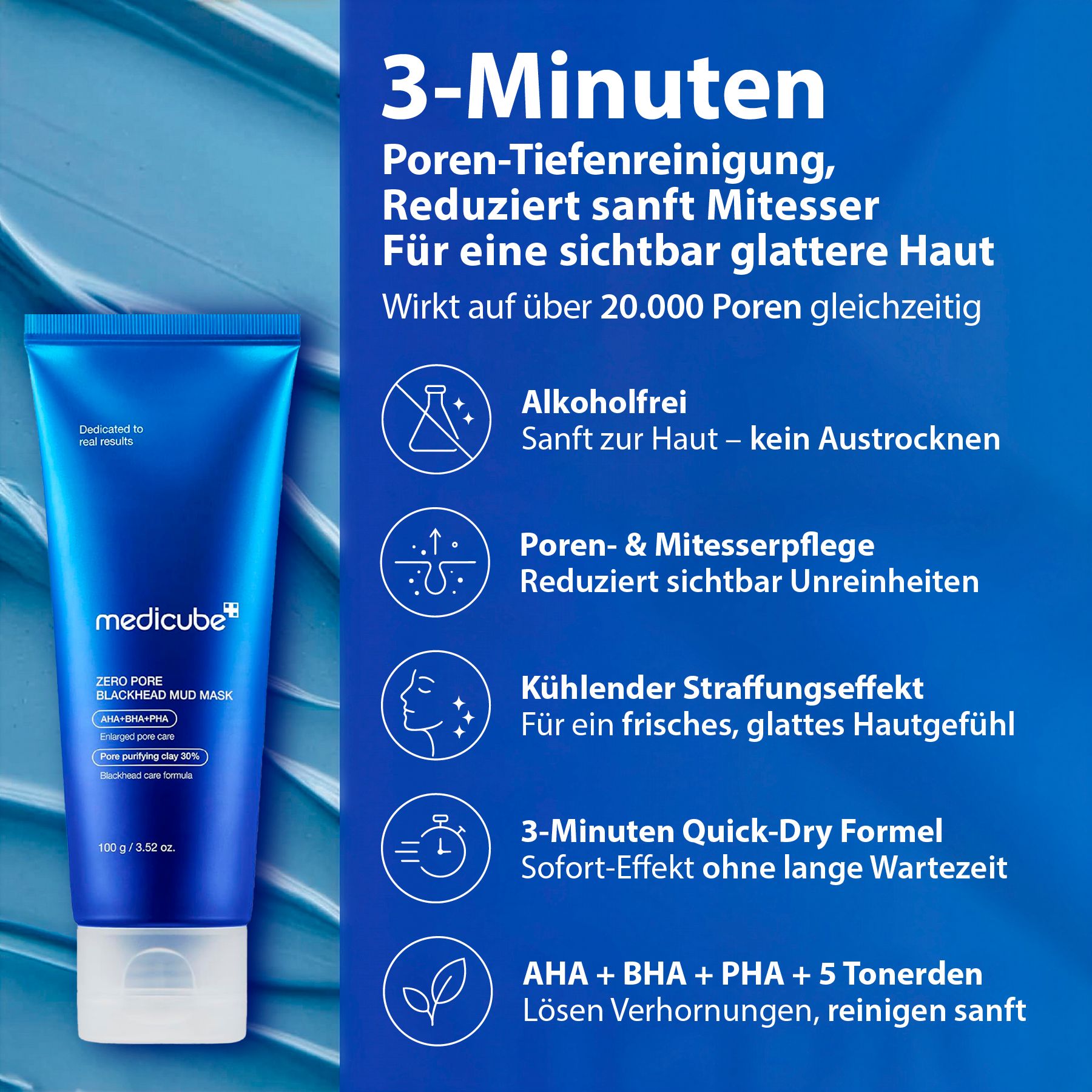 Tubo blu con Medicube Zero Pore Blackhead Mud Mask, 100g/3.52 oz.