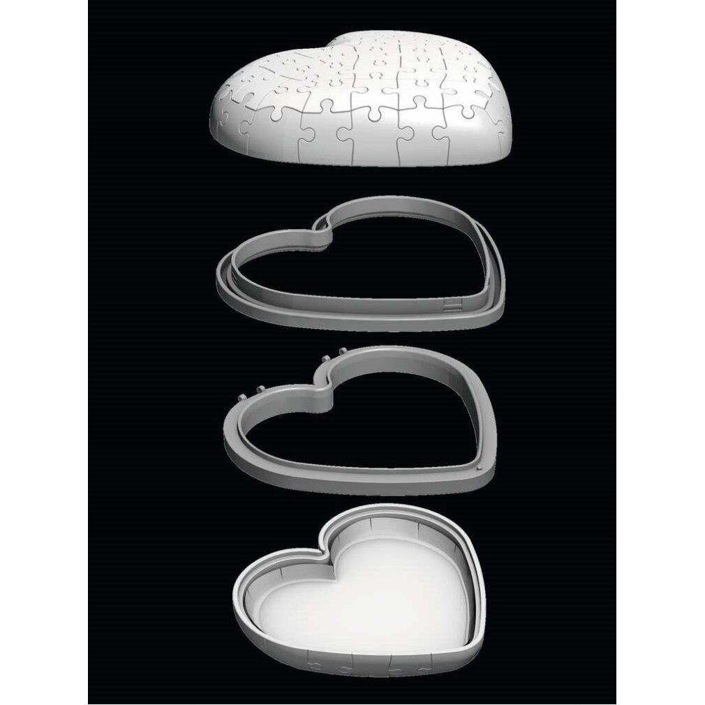 Puzzle Cuore del Regno di Ghiaccio 2 in pezzi. Coperchio, cornice e base. Plastica grigia. Sfondo nero.