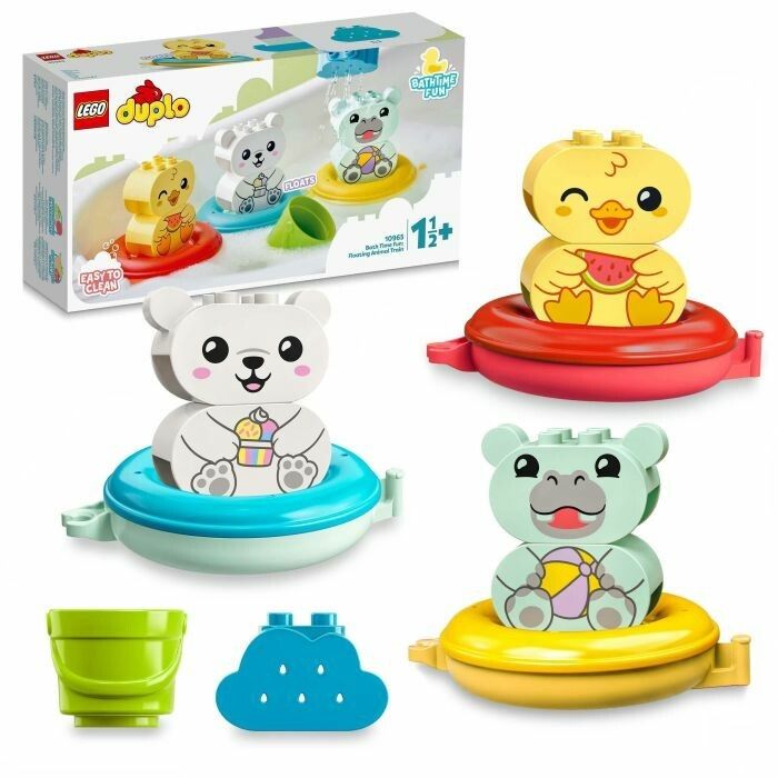 Set LEGO Duplo Badespaß con tre animali, secchio e nuvola. Nome del prodotto e età consigliata.