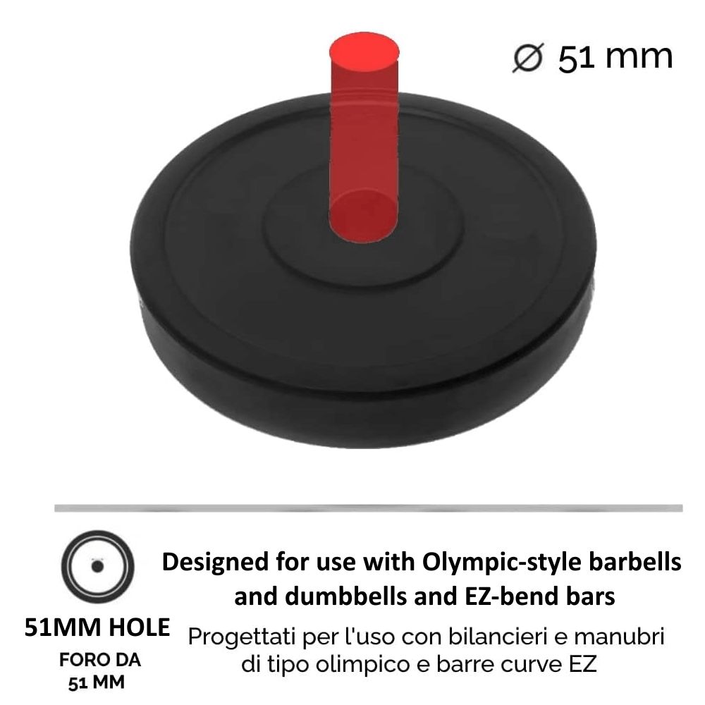 Disco di peso nero con barra rossa nel foro. Testo: "Ø 51 mm" e "51MM HOLE". Testo: "Designed for use with Olympic-style barbells and dumbbells and EZ-bend bars".