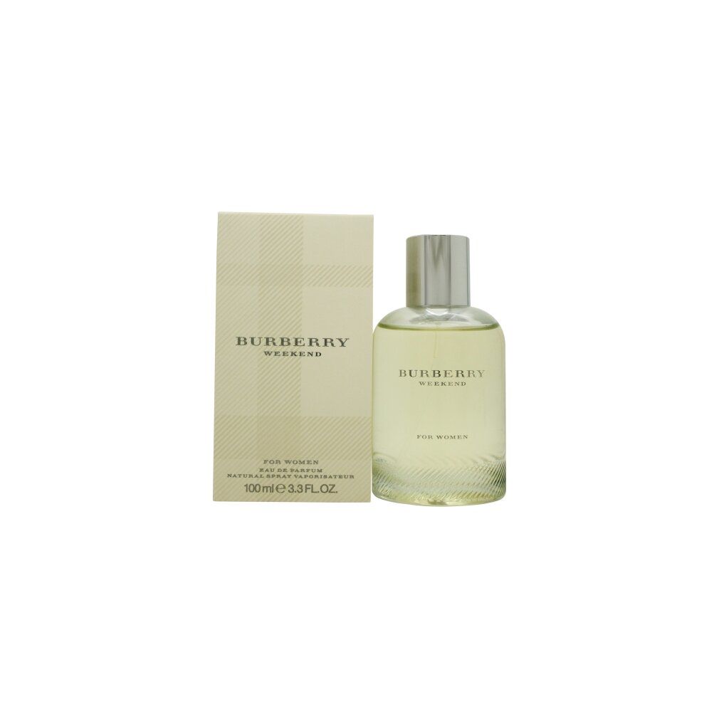 Flacone di profumo e confezione. Scritta: Burberry Weekend. Flacone con tappo argentato. Confezione beige a motivo a quadri.