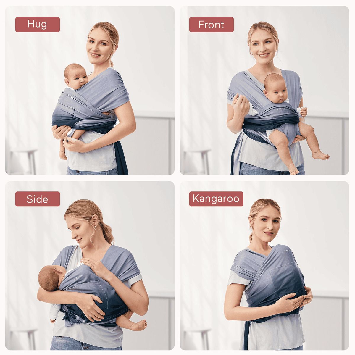 Fascia Momcozy blu-grigio. Quattro viste: abbraccio, davanti, lato, canguro. Donna con bambino in diverse posizioni.