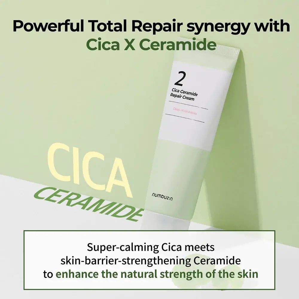 Tubo con testo: "2 Cica Ceramide Repair Cream". Testo su sfondo verde: "CICA CERAMIDE". Marchio: numbuz:n. Testo aggiuntivo.