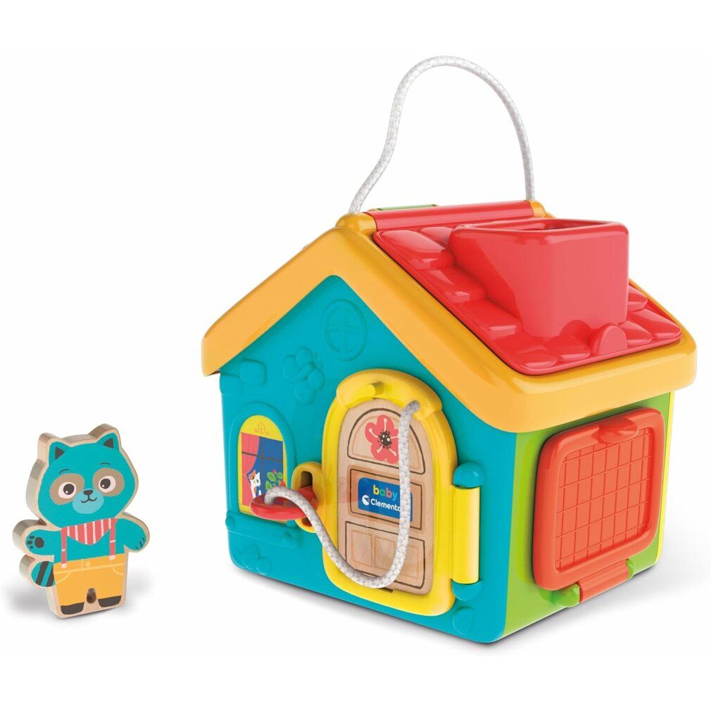 Casa gioco con personaggio animale. Casa con maniglia, porta, finestra e camino. Design multicolore. Figurina in legno di un animale.