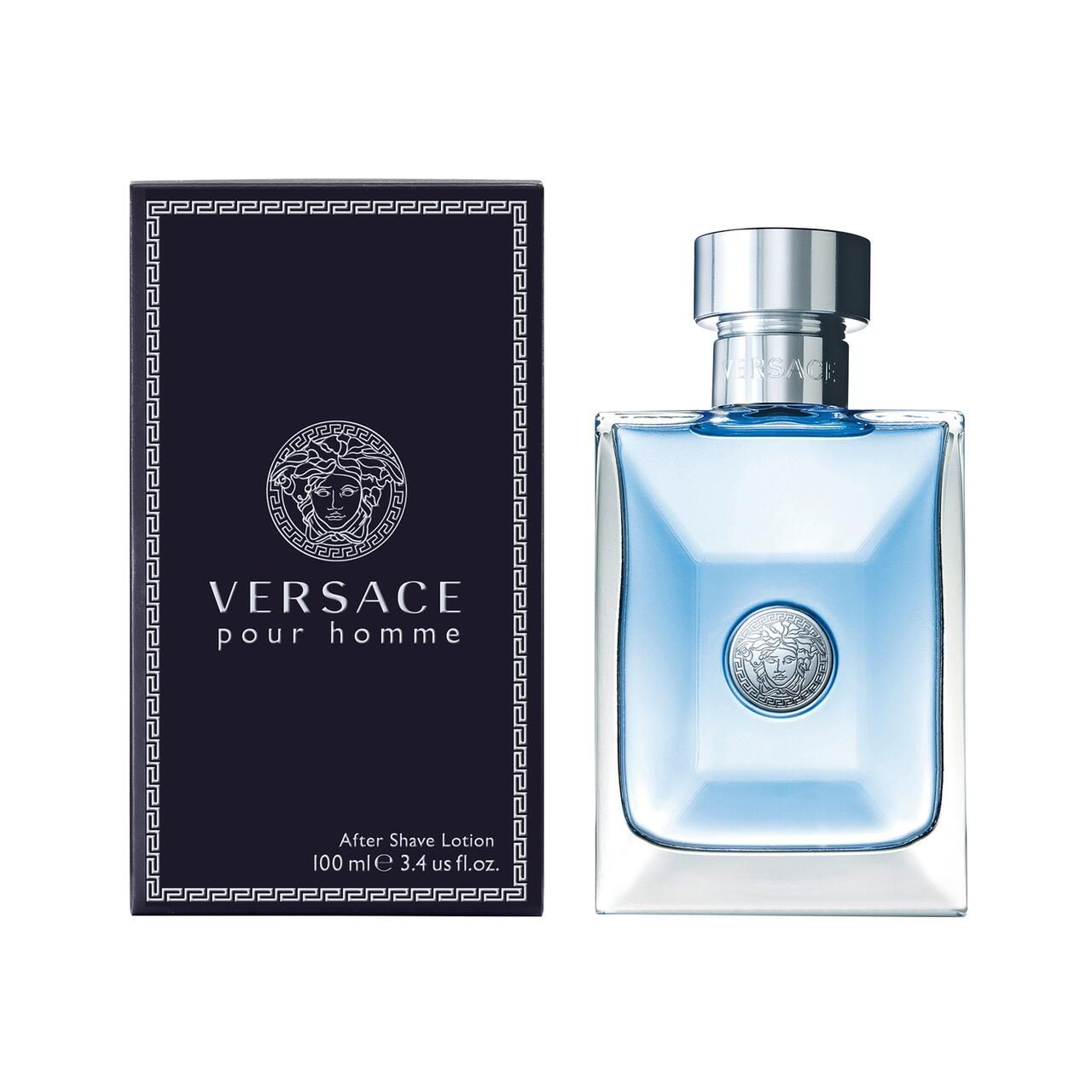 Versace Pour Homme After Shave Lotion. Flacone rettangolare con tappo argentato e logo Medusa. Confezione nera.