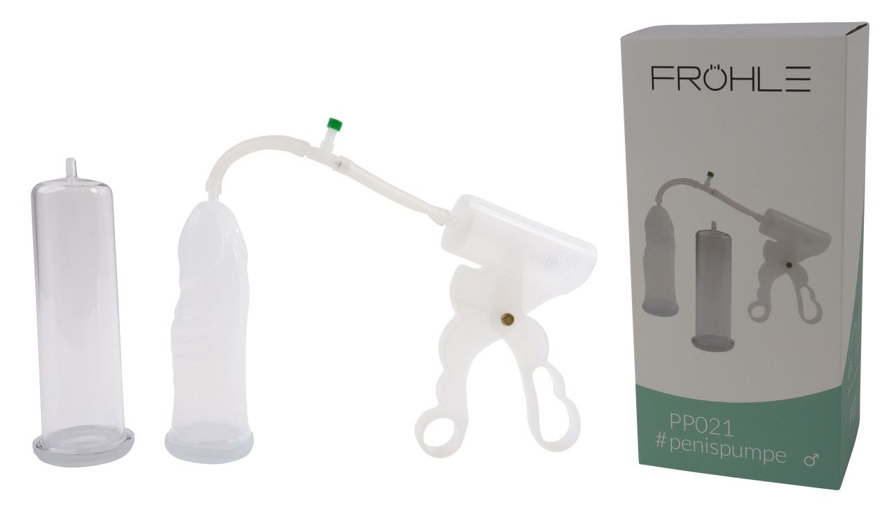 Fröhle PP021 Penispumpen-Set Duo Extr: pompa con impugnatura, tubo e un cilindro trasparente di forma fallica.