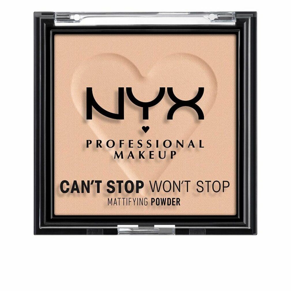 Cipria compatta in confezione quadrata. Design a forma di cuore sulla superficie. Scritta: NYX PROFESSIONAL MAKEUP, CAN'T STOP WON'T STOP MATTIFYING POWDER.