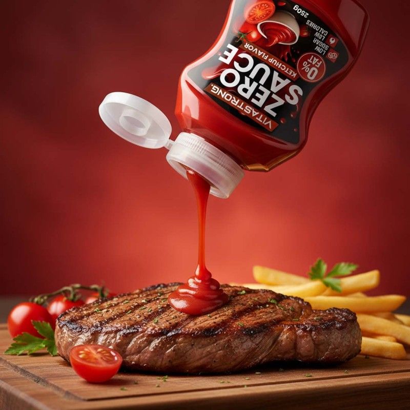 Bottiglia Vitastrong Zero Sauce Ketchup Flavor versa ketchup su bistecca e patatine fritte. Scritte: Zero Sauce. 0% grassi, a basso contenuto di zuccheri, a basso contenuto calorico.
