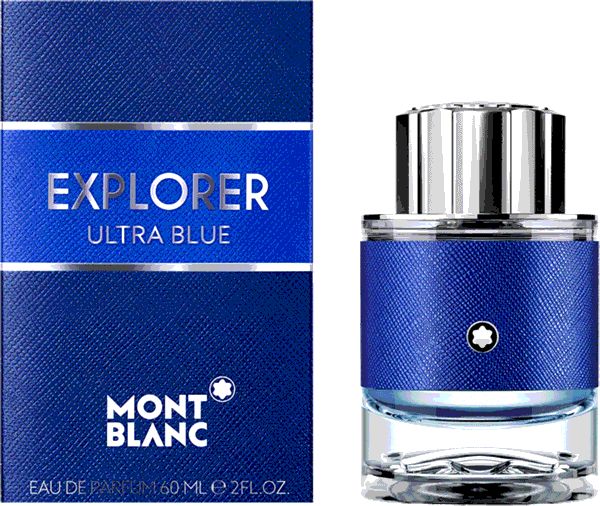 Flacone blu con tappo argentato e confezione blu. Scritta: EXPLORER ULTRA BLUE, MONTBLANC.